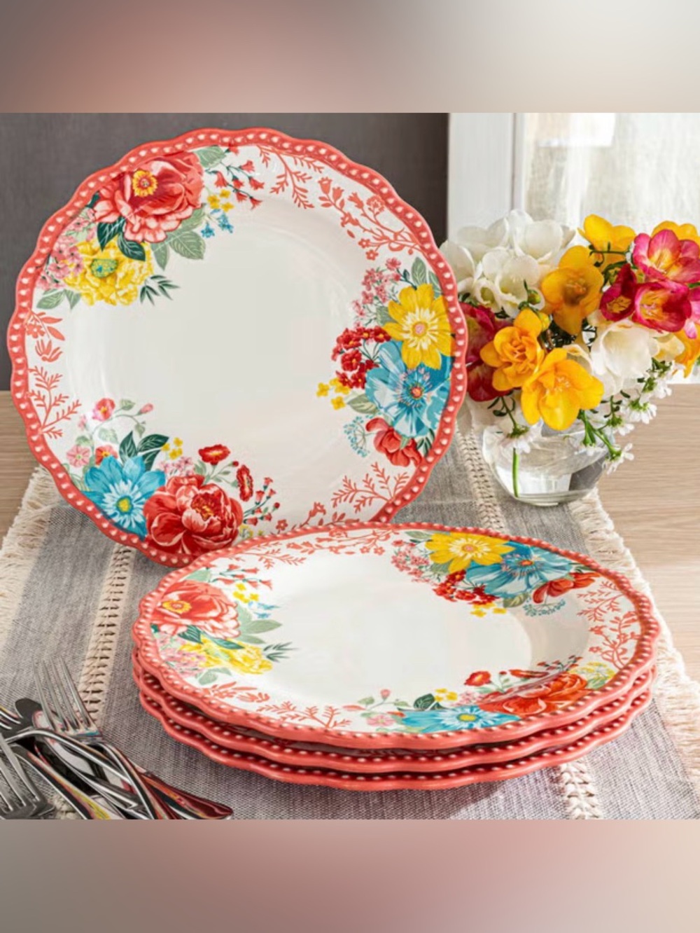 Rare Pioneer Woman Fancy Flourish  Dinner Plates Set of 4 Farmhouse Cottagecore